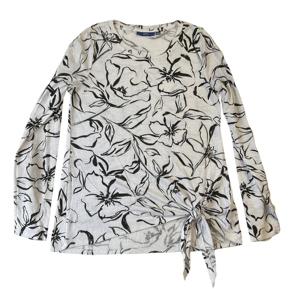 APT.9 Women Blouse XS White Floral Tie Crew Neck Pullover Long Sleeve Casual